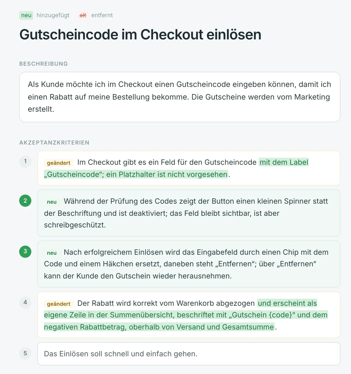 Die überarbeitete Story als Diff: Das erste und das vierte Akzeptanzkriterium sind geändert, die Ergänzungen grün markiert. Das zweite und dritte sind neu. Das fünfte, vage Kriterium „schnell und einfach“ bleibt unverändert stehen.