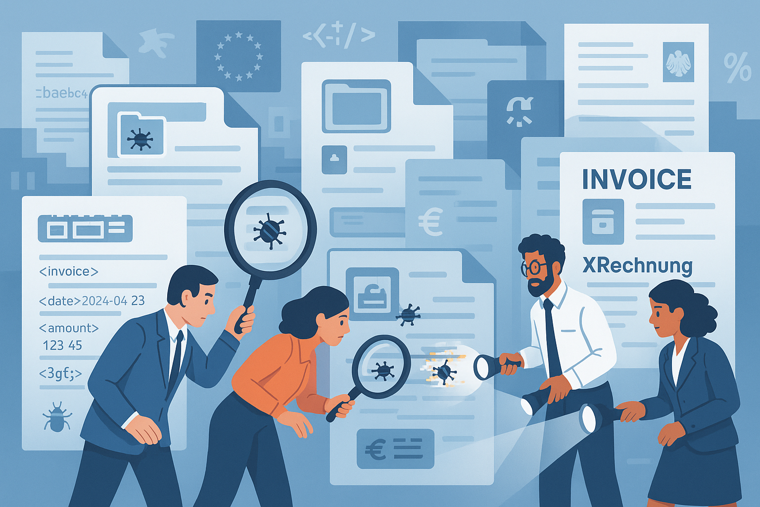 Business professionals examining digital invoices and XML code for bugs and errors, symbolizing software testing and e-invoicing compliance in Germany with references to XRechnung, ZUGFeRD, and EN16931 standards.
