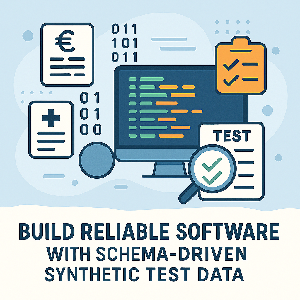 Illustration of schema-driven synthetic test data improving software reliability, featuring digital documents, computer screen, code, and testing icons.